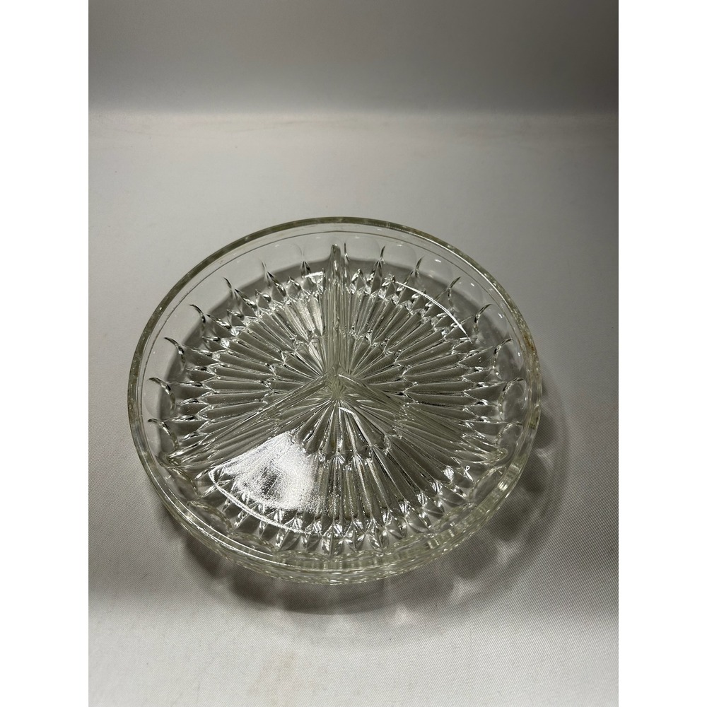 Vintage Clear Cut Etched Glass 3 Section Veggie Cracker Snack Serving Tray Dish